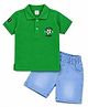 HRIT Cotton Knit Half Sleeves Football Embroidered Polo Tee & Shorts Set - Green & Blue