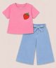 HRIT Cotton Knit Half Sleeves Strawberry Printed Top & Palazzo Set - Pink & Blue