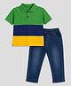 HRIT Cotton Knit Half Sleeves Colour Blocked Polo Tee & Jeans  Set - Green & Blue