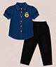 HRIT Denim Knit Half Puffed Sleeves Avocado Applique Detailed Top & Jeans Set - Blue & Black