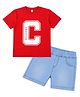 HRIT Cotton Knit Half Sleeves Creative Text Printed Tee & Shorts Set - Red & Blue