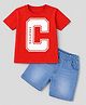 HRIT Cotton Knit Half Sleeves Creative Text Printed Tee & Shorts Set - Red & Blue