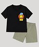 HRIT Cotton Knit Half Sleeves Lion Printed Tee & Shorts Set - Black & Olive Green