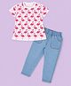 HRIT Cotton Knit Half Sleeves Flamingoes Printed Top &  Jeans Set - White & Blue
