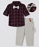 Mark & Mia Cotton Mixes Woven Full Sleeves Checks Shirt & Pant Set with Bow and Suspender - Maroon & Light Grey