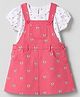 Babyhug Twill Woven Half Sleeves Pinafore Frock and Inner Tee with Bow Print & Polka Dot - Pink