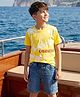 OLLINGTON ST. Single Jersey Cotton Knit Half Sleeves T-Shirt and Denim Shorts Set With Tree & Text Print - Yellow & Blue