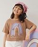 Tales & Stories Cotton Knit Half Sleeves Butterfly Embroidered & Rainbow Printed Top - Tan
