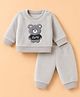 Mom's pet Fur Knit Full Sleeves Bear Embroidered Winter Tee & Joggers Set - Grey