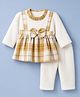 Moms Pet Fleece Knit Full Sleeves  Checked & Bow Applique Detailed Dress With Leggings Set - Yellow