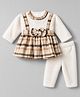 Moms Pet Fleece Knit Full Sleeves  Checked & Bow Applique Detailed Dress With Leggings Set - Brown