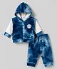 Mom's pet Fleece Knit Full Sleeves Solid Tee & Joggers With Mushroom Embroidered Jacket Set - Blue