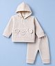 Mom's pet Fleece Knit Full Sleeves Bear Embroidered Hooded Tee & Joggers Set - Beige