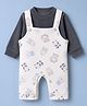 Mom's pet Velvet Knit Striped & Animals Printed Winter Dungaree With Full Sleeves Solid Tee - Grey