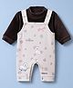 Mom's pet Velvet Knit Striped & Animals Printed Winter Dungaree With Full Sleeves Solid Tee - Brown