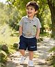 Nottie Planet Cotton Knit Half Sleeves Dinosaur Printed Polo Tee & Shorts Set - Grey & Blue