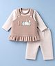 Mom's pet Fleece Knit Hello Text Patch Detailed Winter Dress With Full Sleeves Tee & Leggings Set - Brown