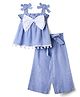 CrayonFlakes Rayon Knit Sleeveless Bow Applique Detailed Striped Coordinating Top & Pants Set - Blue