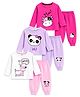 KUCHIPOO Cotton Blend Knit Pack Of 3 Full Sleeves Puppy & Panda Printed Tee & Joggers Set - Fuchsia Pink Lavender White Pink & Light Lavender