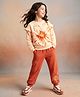 OLLINGTON ST. Looper Knit Full Sleeves Winter Wear Suit With Floral Print - Rust Orange