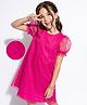 Pine Kids Mesh Woven Half Puffed Sleeves Party Dress With Pearl Embellishment - Dark Pink