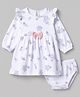 Doodle Poodle Single Jersey Knit Full Sleeves Frock with Bloomer with Floral Print & Bow Applique - White