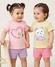 Babyoye Cotton Interlock Knit Half Sleeves T-Shirts with Animal & Heart Print Pack of 2 - Yellow & Pink