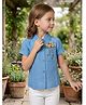 Lei-Chie Cotton Blend Woven Half Sleeves Floral Embroidered Shirt Style Top - Blue
