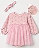 Babyhug 100% Cotton Knit Interlock Onesie and Headband with Full Sleeves and Floral Print - Baby Pink