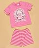 Cutecumber Knitted Half Sleeves Bear Printed Tee & Striped Shorts Set - Coral Pink
