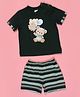 Cutecumber Knitted Half Sleeves Bear Printed Tee & Striped Shorts Set - Green