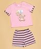 Cutecumber Knitted Half Sleeves Bear Printed Tee & Striped Shorts Set - Pink