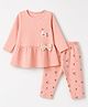 Tango Interlock Knit Full Sleeves Frock and Legging with Swan Print & Bow Applique - Peach