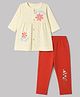 Tango Interlock Knit Full Sleeves Top & Pyjama Night Suit with Floral Print - Cream