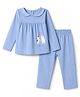 Tango Single Jersey Knit Full Sleeves Top & Pyjama Night Suit with Cat Print - Blue