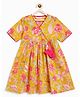 Campana 100% Cotton Woven Half Sleeves Floral Printed Tie Up Detailed Anarkali Kurti - Mustard Yellow & Pink