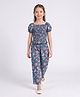 Bella Moda Cotton Woven Half Puffed Sleeves Floral Printed Coordinating Smocked Top & Pants Set - Blue