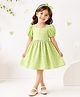 Little Ginnie Cotton Woven Half Sleeves Puffed Sleeves Checked Dress With Hair Band - Green