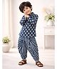 Little Ginnie Cotton Woven Full Sleeves Motifs Printed Kurta & Dhoti Set - Navy Blue