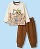 Mini Taurus 100% Cotton Knit Full Sleeves Construction Vehicles Printed T-Shirt & Pant Set With Wheel Patch - Cream