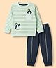Mini Taurus 100% Cotton Knit Full Sleeves Striped T-Shirt & Pant Set With Penguin Patch - Mint
