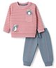 Mini Taurus 100% Cotton Knit Full Sleeves Striped T-Shirt & Pant Set With Penguin Patch - Pink