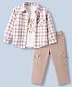 Dapper Dudes Cotton Woven Full Sleeves Checked Shirt With Printed Tee & Pant Set - Peach