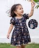 EARTHY TOUCH 100% Cotton Knit Ethnic Dress with Half Sleeves and Floral Print in Navy Blue