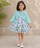 The Magic Wand Woven Geometric Printed Dress With Three Fourth Sleeves Floral Applique Detailed Shrug - Aqua
