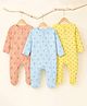 Kidbea Cotton Woven Pack Of 3 Full Sleeves Vehicles & Animal Printed Footed Rompers - Yellow Peach & Light Blue