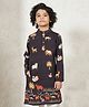 Bugandbees Nylon Woven Full Sleeves Animals Embroidred Kurta - Charcoal Black