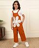 Bugandbees Cotton Woven Sleeveless Floral Embroidered Dungaree -  Tan Brown