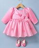 Bluebell Tissue Woven Full Sleeves Party Dress With Bow & Floral Applique & Booties - Pink