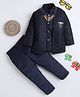 Fourfolds Woven Full Sleeves Geometric Embroidered  Sherwani & Trouser Set - Navy Blue